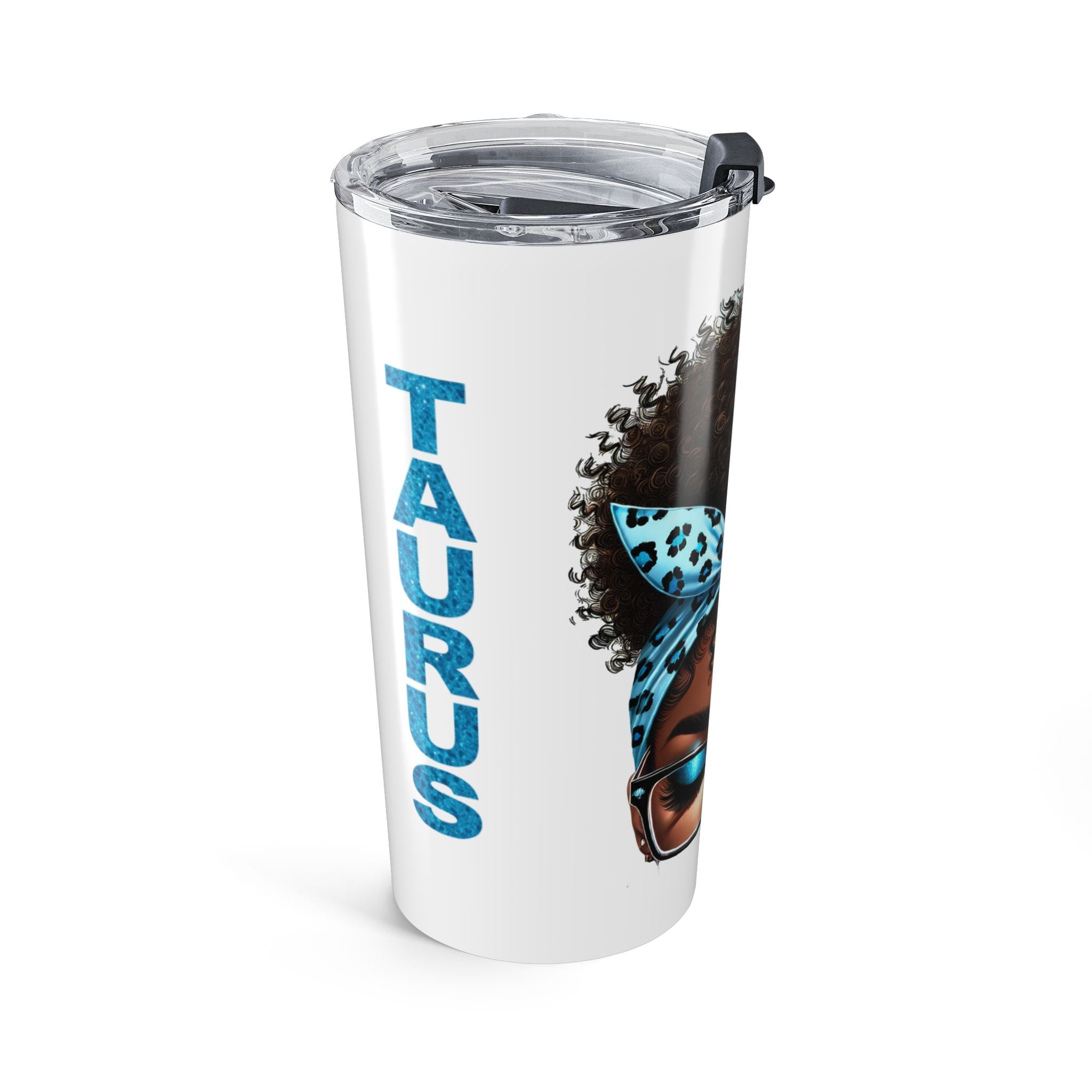 Tumbler — Taurus Afro Puff Woman Travel Mug with Blue Leopard Headwrap