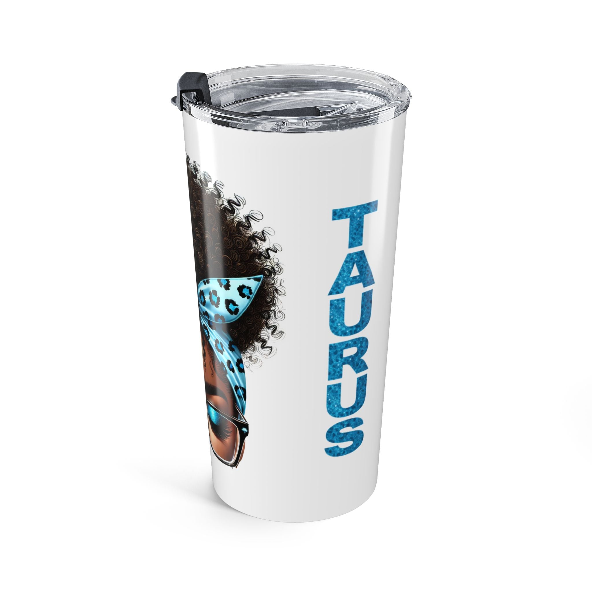Tumbler — Taurus Afro Puff Woman Travel Mug with Blue Leopard Headwrap