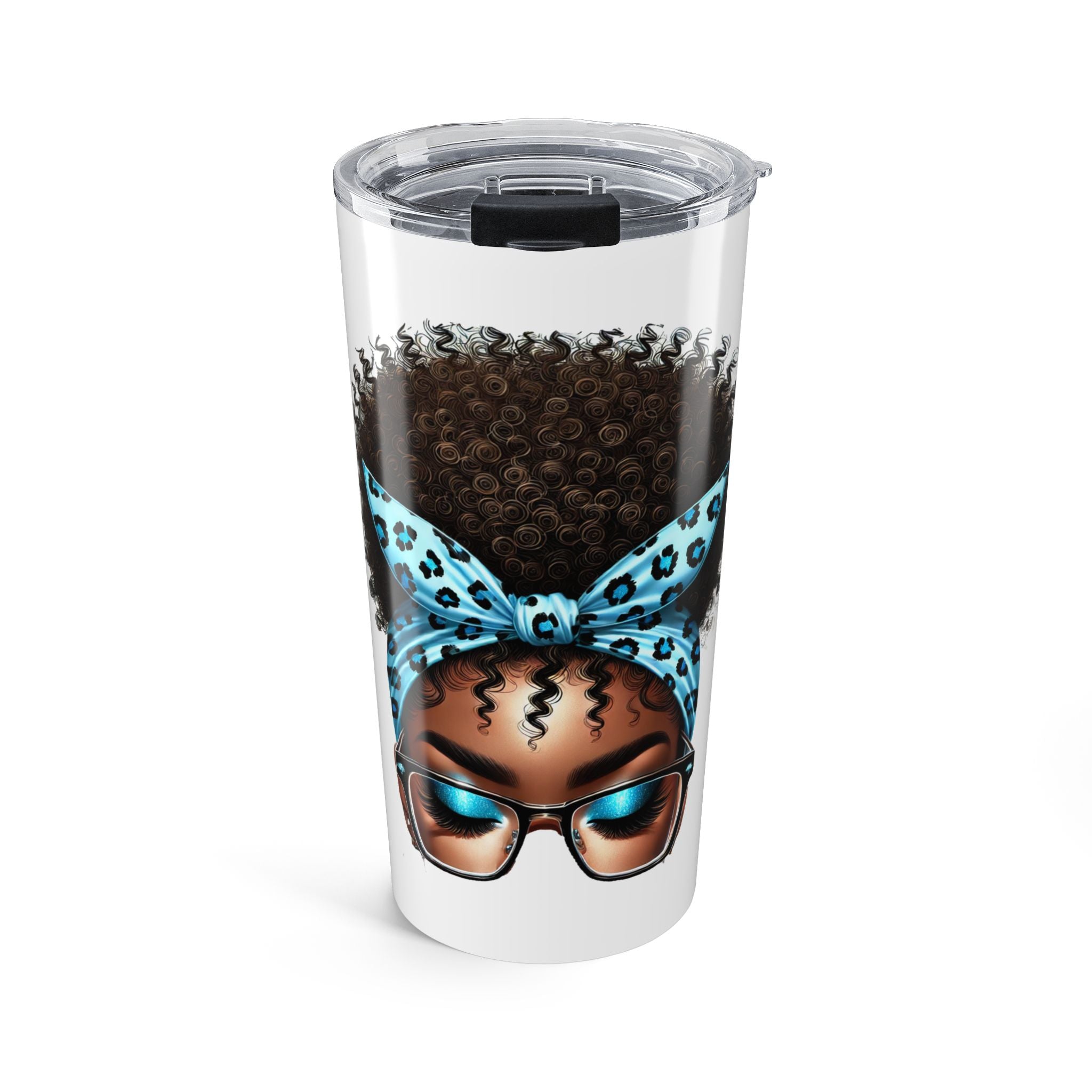 Tumbler — Taurus Afro Puff Woman Travel Mug with Blue Leopard Headwrap