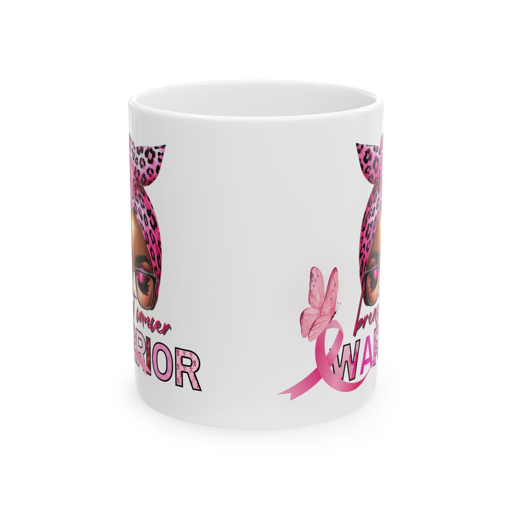 Breast Cancer Warrior Ceramic Mug (11oz/15oz) – Pink Ribbon Leopard Accent