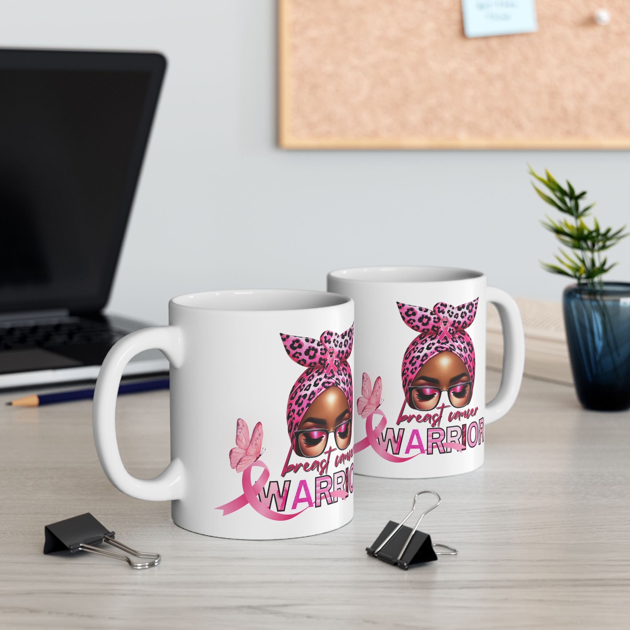 Breast Cancer Warrior Ceramic Mug (11oz/15oz) – Pink Ribbon Leopard Accent