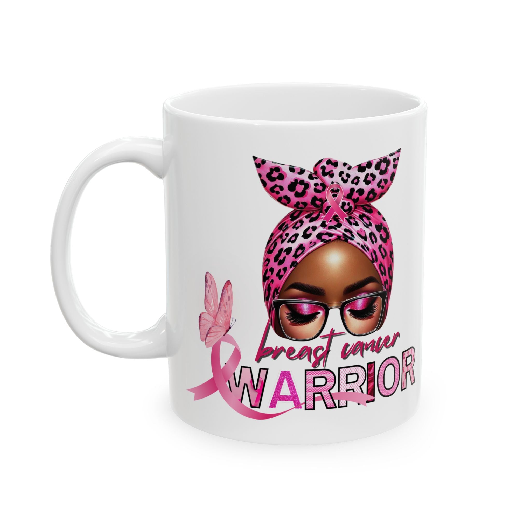Breast Cancer Warrior Ceramic Mug (11oz/15oz) – Pink Ribbon Leopard Accent