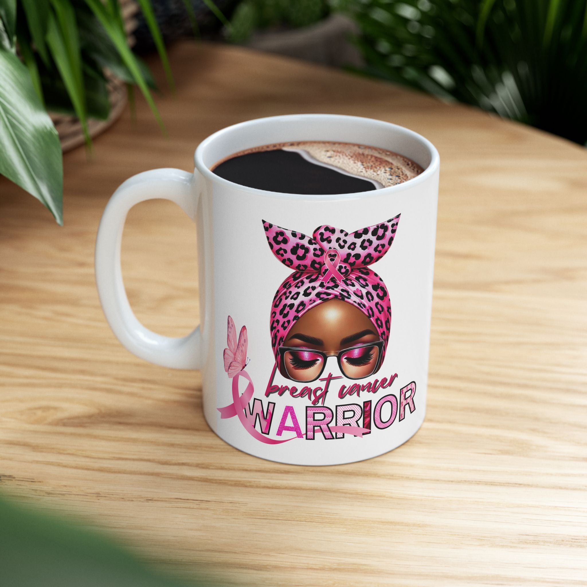 Breast Cancer Warrior Ceramic Mug (11oz/15oz) – Pink Ribbon Leopard Accent