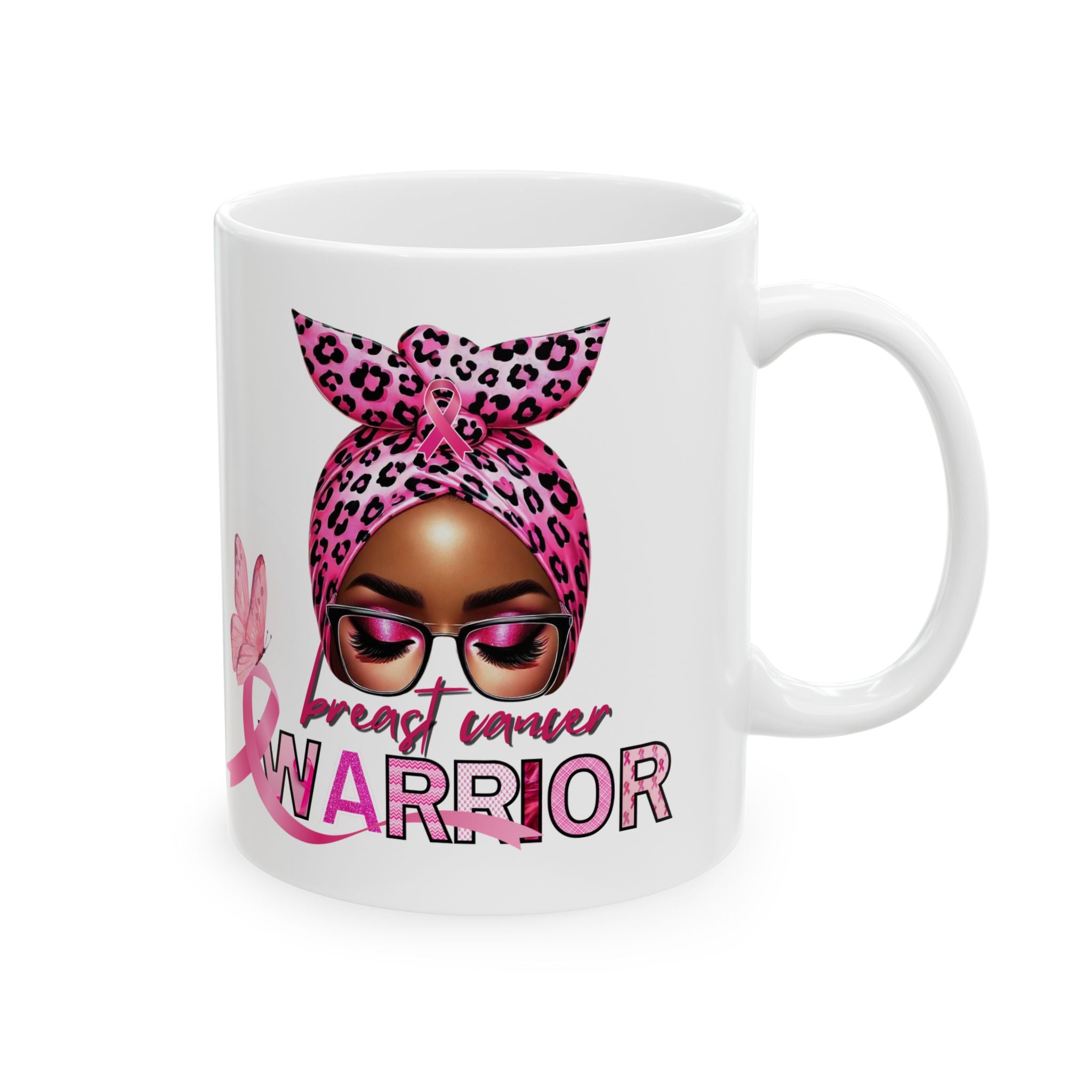 Breast Cancer Warrior Ceramic Mug (11oz/15oz) – Pink Ribbon Leopard Accent