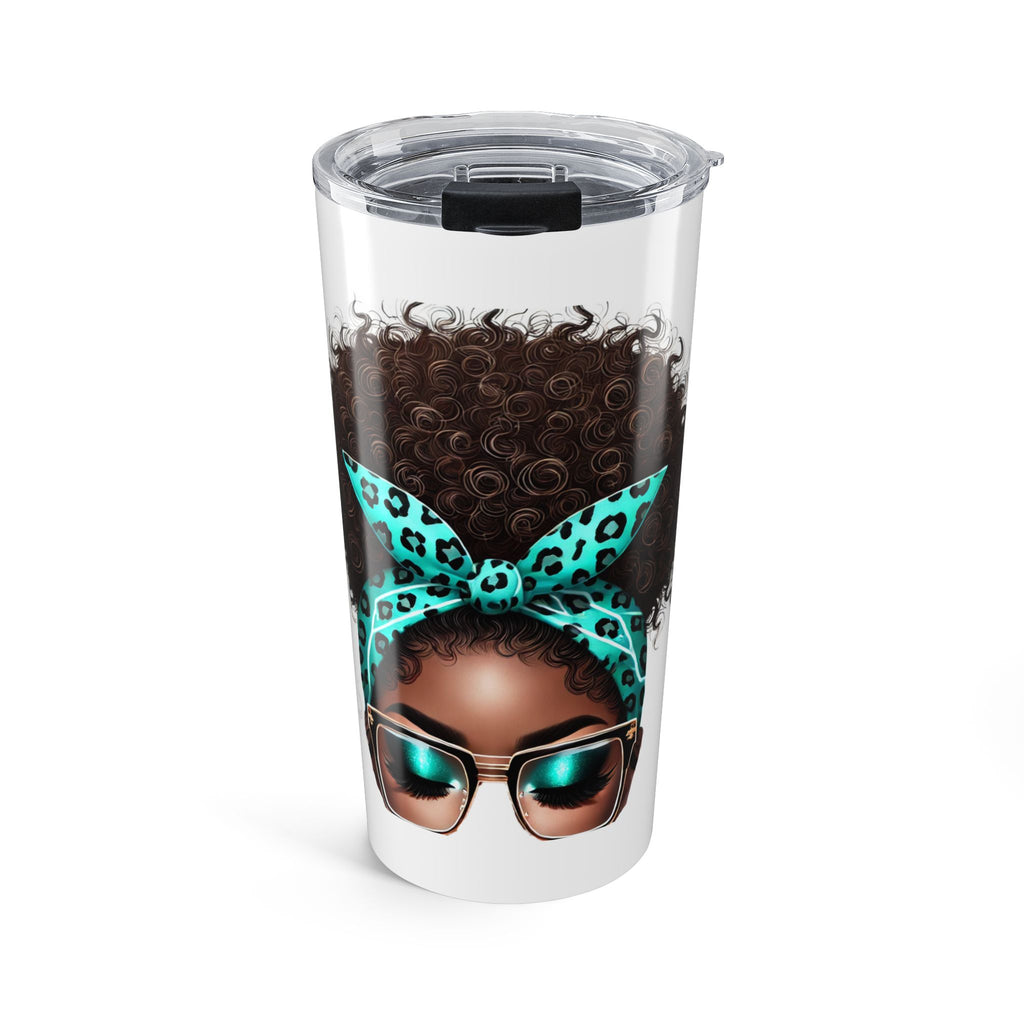 20oz Aquarius Tumbler – Afro Puff Design with Teal Leopard Headband & Sunglasses