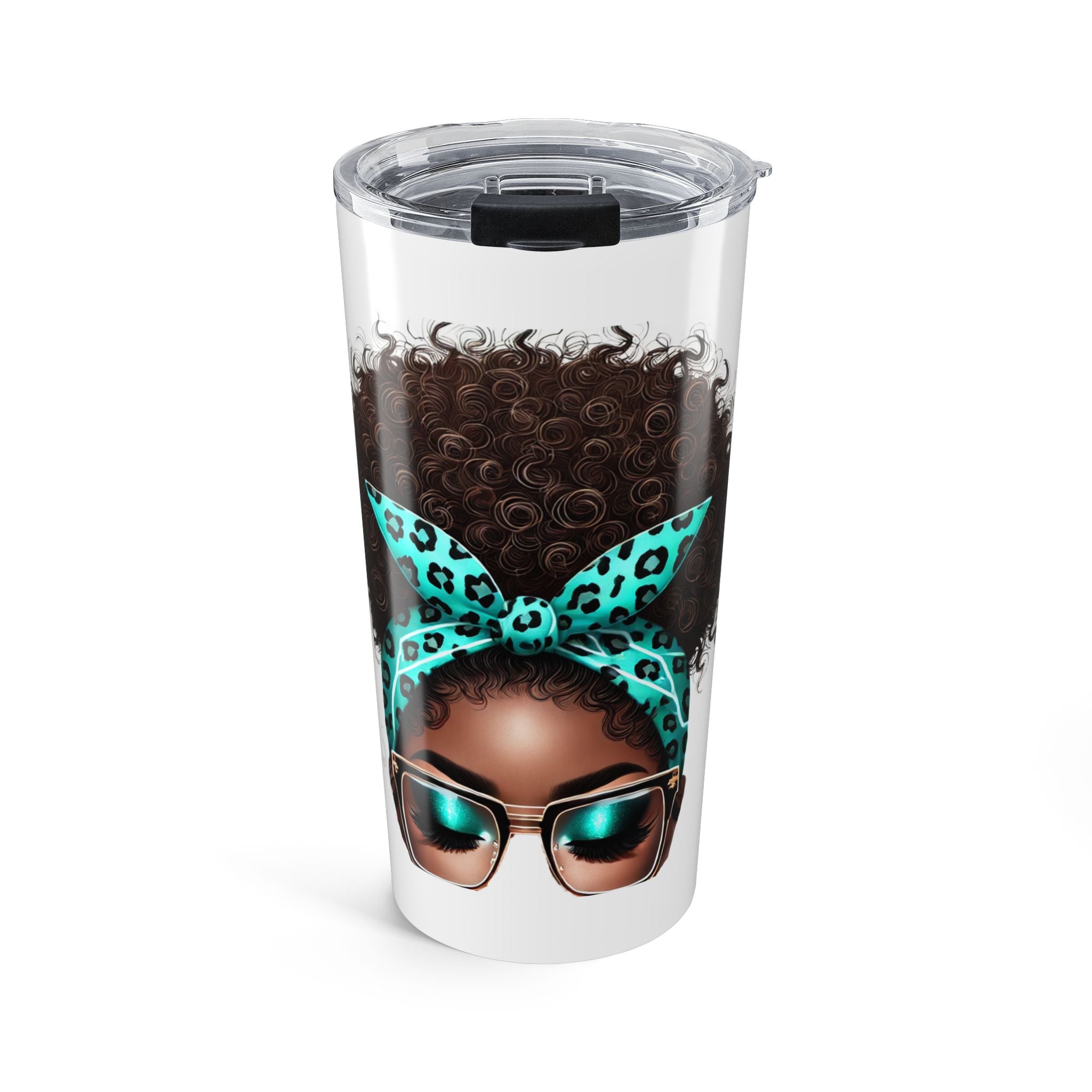 20oz Aquarius Tumbler – Afro Puff Design with Teal Leopard Headband & Sunglasses